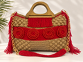 Grand sac rouge et or crocheté, fleurs brodées, franges rouges, anses rigides et chaîne dorée