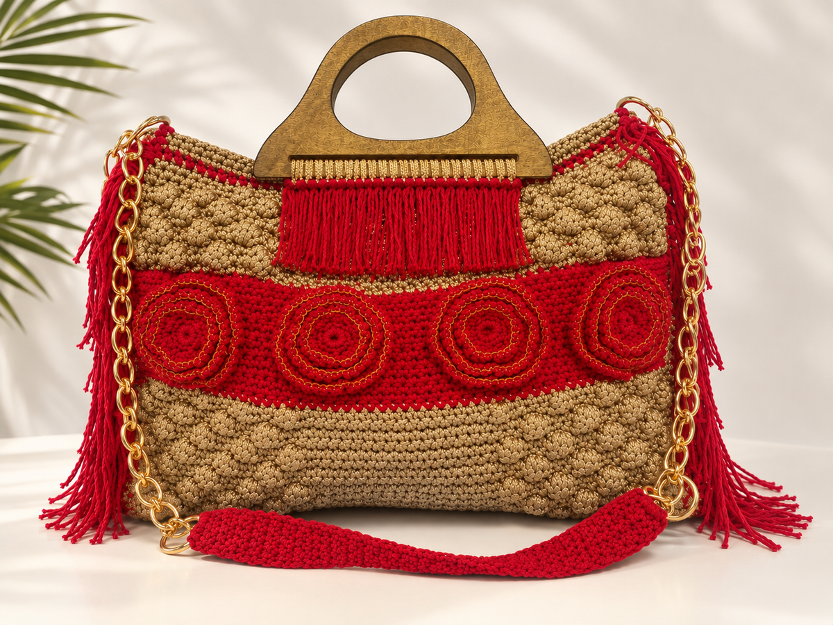 Grand sac rouge et or crocheté, fleurs brodées, franges rouges, anses rigides et chaîne dorée