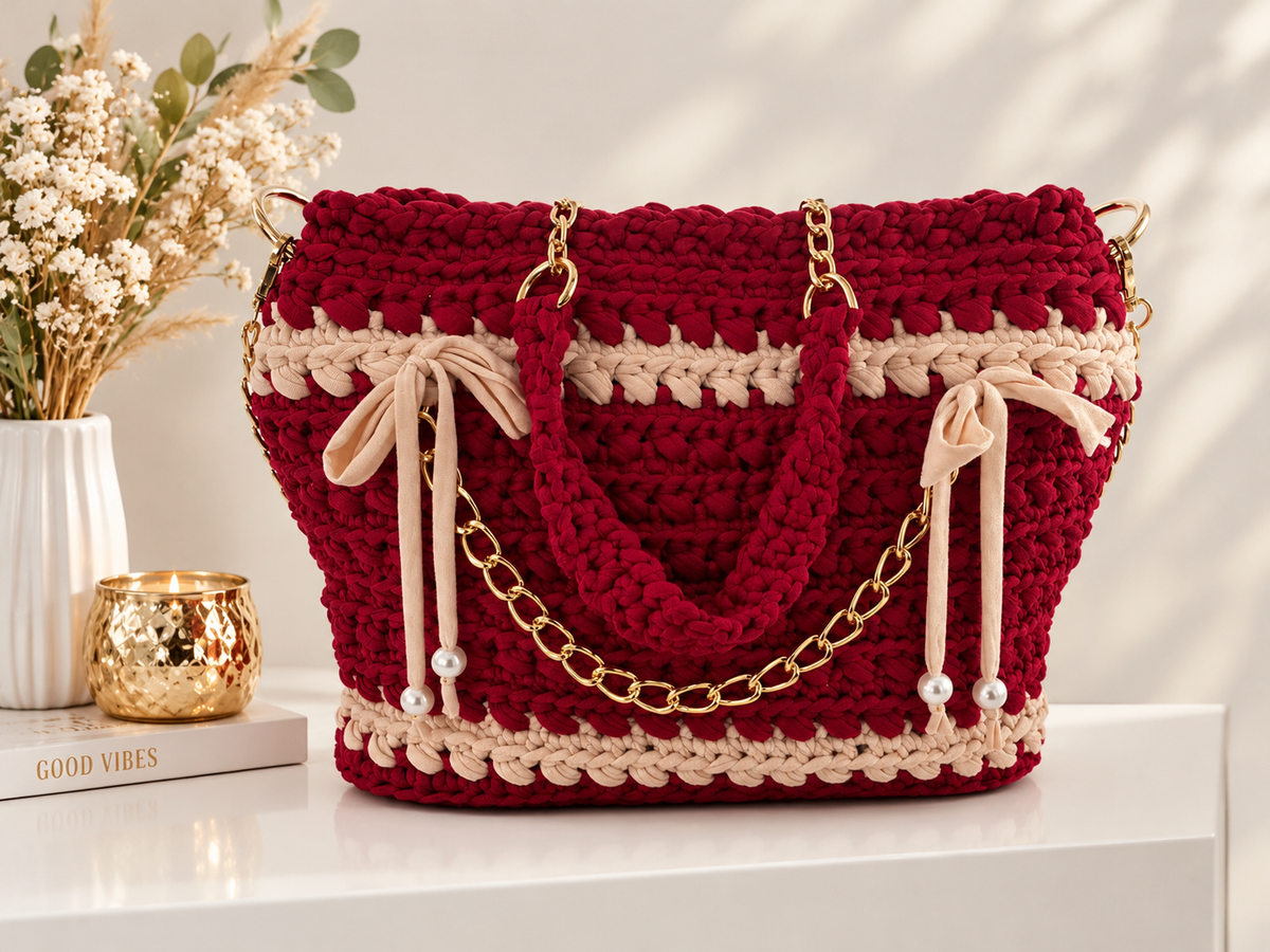 Sac bordeaux et beige au crochet – 35 × 27 cm